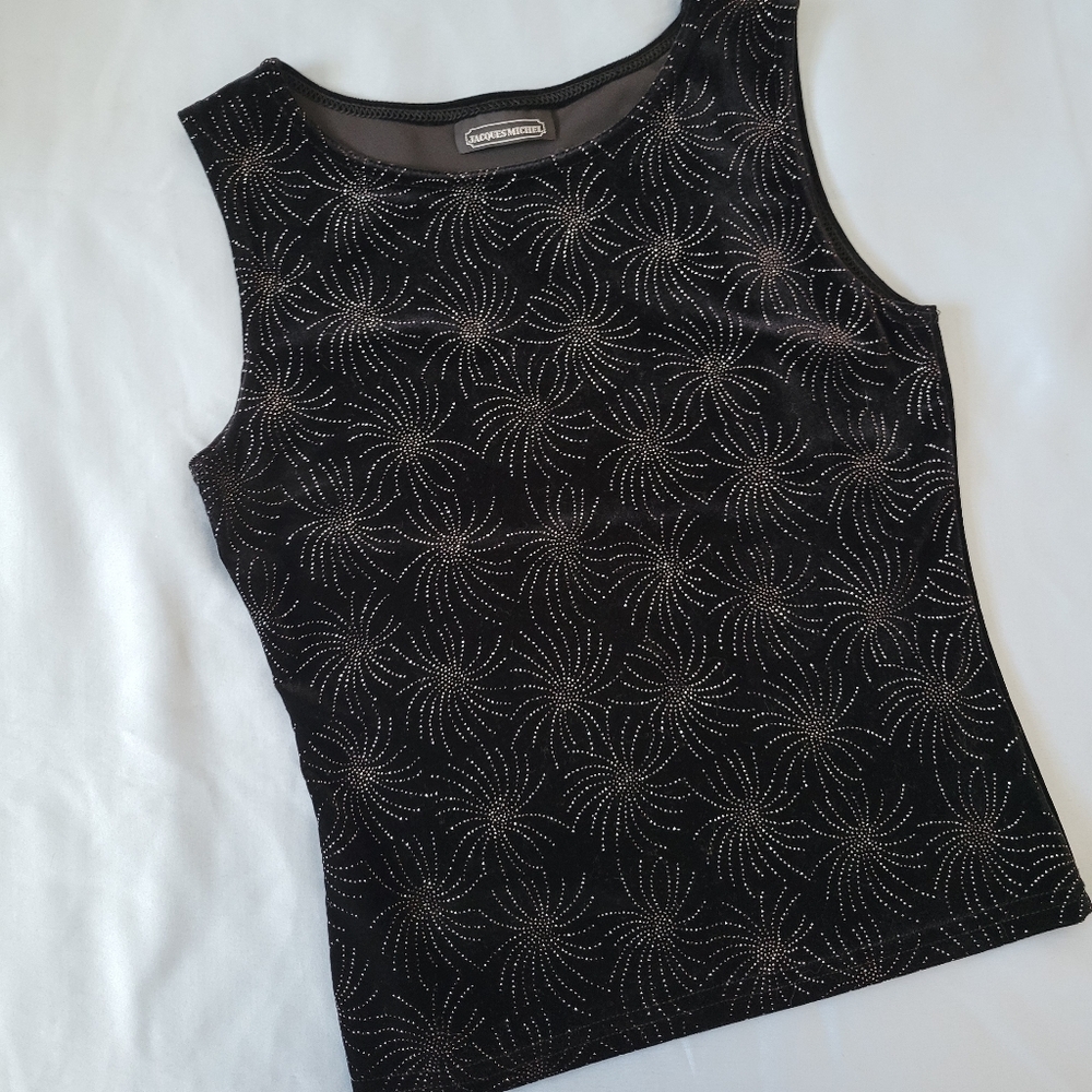 Vintage 90s Black Velour Womens Small Medium Tank Silver Burst Goth Punk Y2K